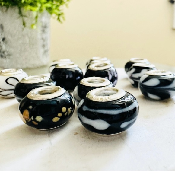 Black White Glass Bead Charms Sterling Silver Set of 13 - Picture 5 of 6